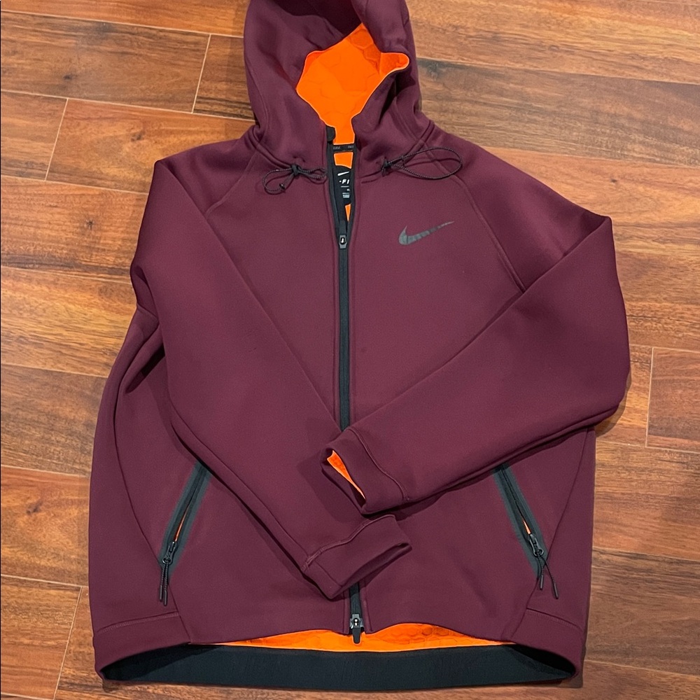 Nike Men's Burgundy Hooded Performance Jacket with Orange Lining Size XL